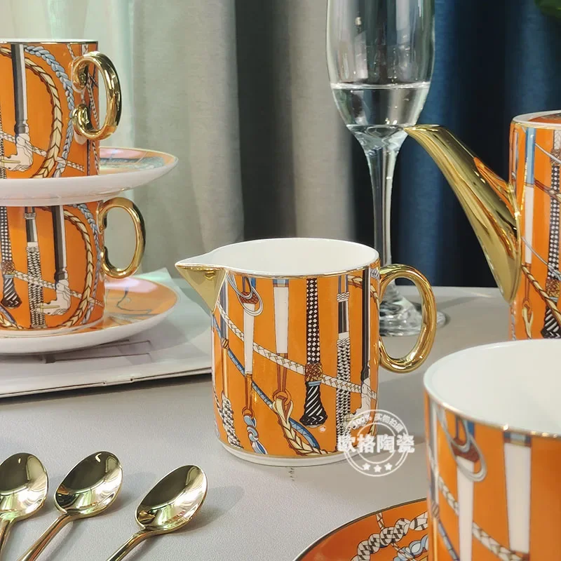 Ensemble combiné de cafetière orange en porcelaine tendre européenne, pot à lait, thé de l'après-midi, café à la maison, 15 pièces