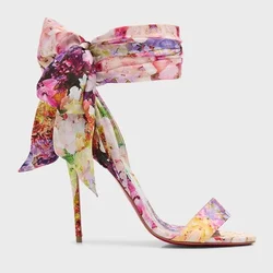 Open Toe Casual Style Pin Heels Party Style Office Style Sexy Satin Printing Leather Sandals 2024 Summer Luxury Designer Shoes