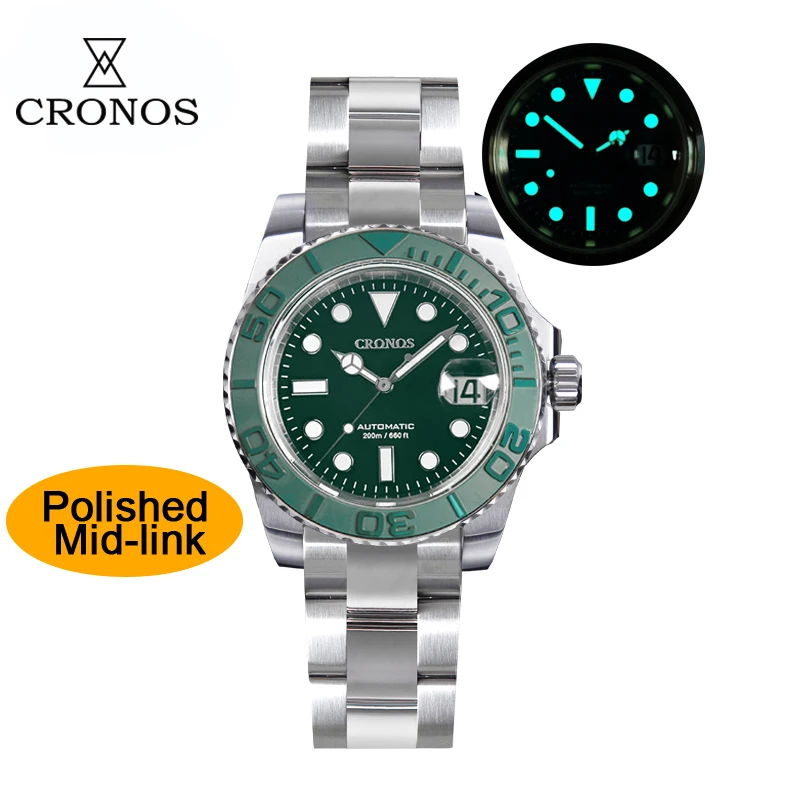 Cronos Sub Diver Orologio da uomo Lunetta bidirezionale 40mm 20ATM Resistente all'acqua Spazzolato e lucido Bracciale a maglie medie Orologi da uomo