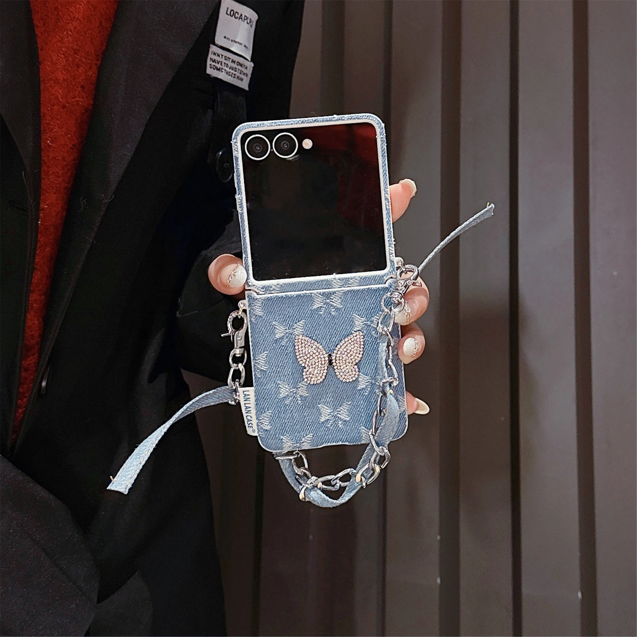 Kawaii Schleifenknoten Denim Handyhülle für Samsung Galaxy Z Flip 7 6 5 Flip6 ZFlip7 3D Schleifenknoten mit Lanyard Handyhülle