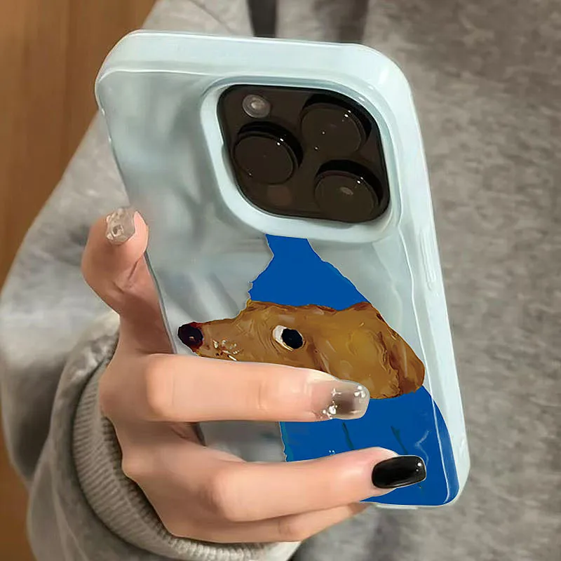 Blue Hat Puppy Folds Texture Soft Silicone Phone Case For iPhone 16 17 Air 15 14 13 12 11 Pro Max Plus Cute Cartoon Back Cover
