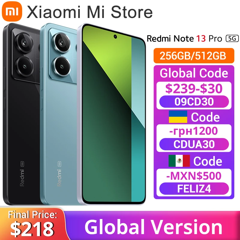 

Global Version Redmi Note 13 Pro 5G Snapdragon® 7s Gen 2 Smartphone 200MP OIS Camera 1.5K 120Hz AMOLED display 67W Charging