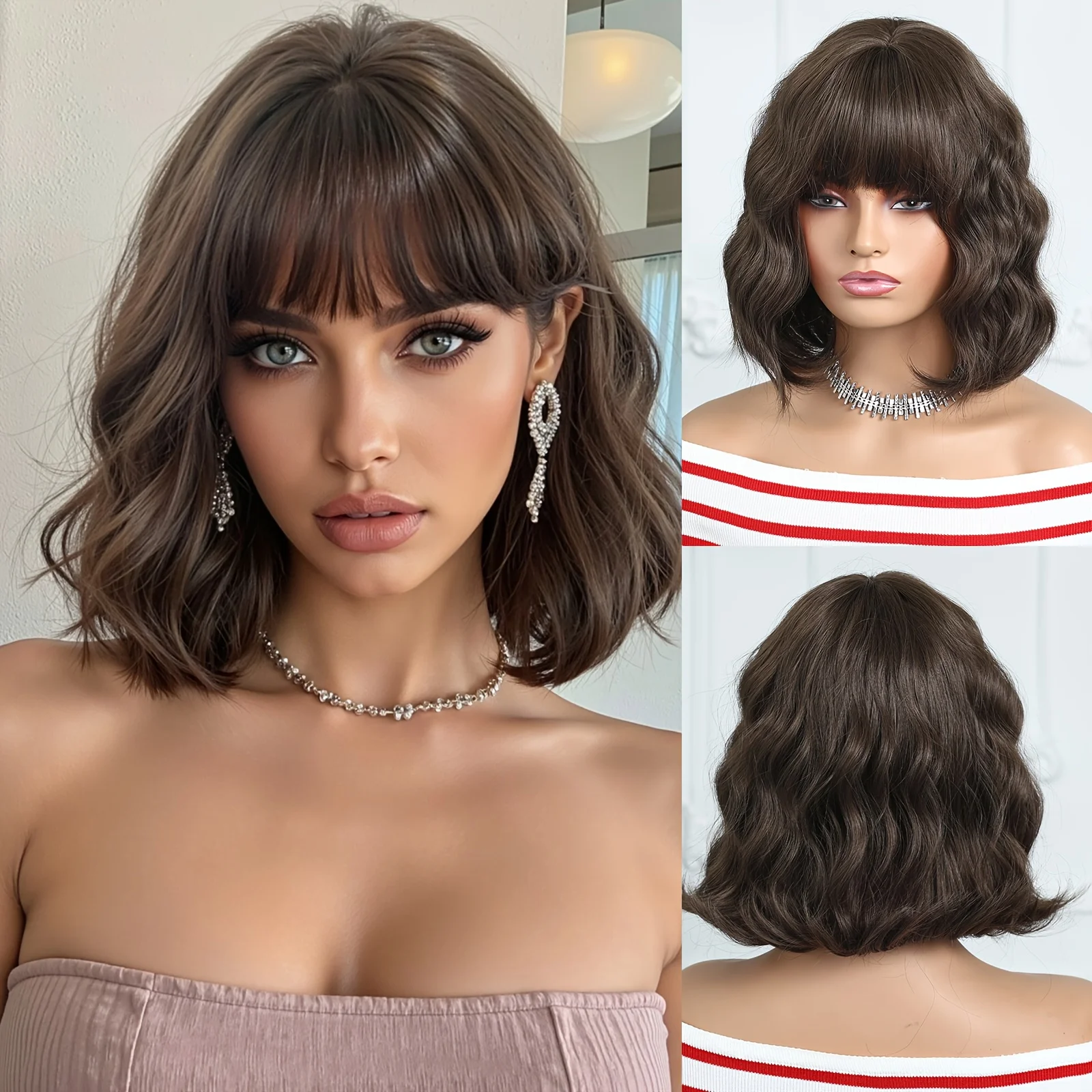 

12inch Bob Women's Wig, Brown Highlights, Synthetic Curly Wig, Halloween, Christmas