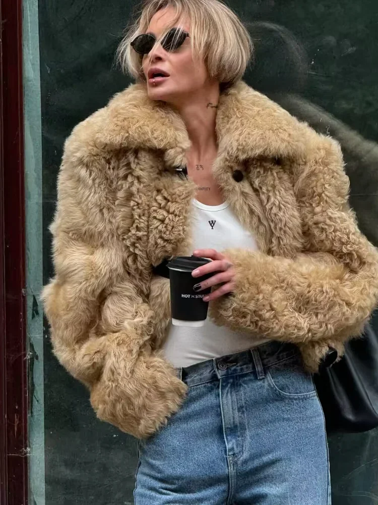 

Женское однотонное пальто из искусственного кудрявого меха, модное однобортное укороченное пальто с воротником с лацканами и длинными рукавами, женская теплая уличная верхняя одежда