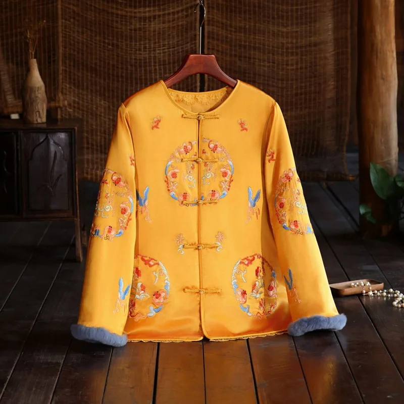 High-end Winter Women Warm Coat Retro Embroidery Elegant Lady Chinese New Year Acetate Jacket Female S-XXL