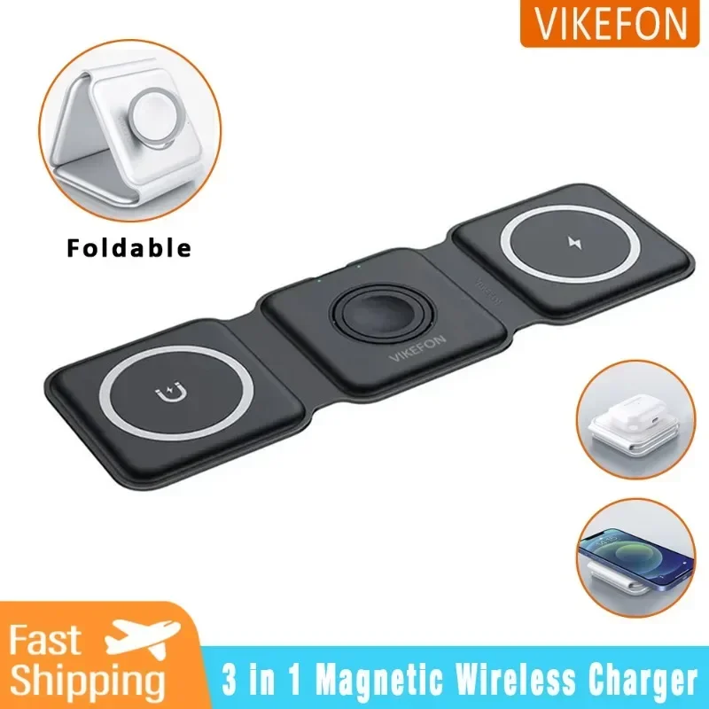 VIKEFON 3 In 1 Foldable Magnetic Wireless Charger Pad Stand for iPhone 15 14 13 Pro Max Apple AirPods Fast Charging Dock Station