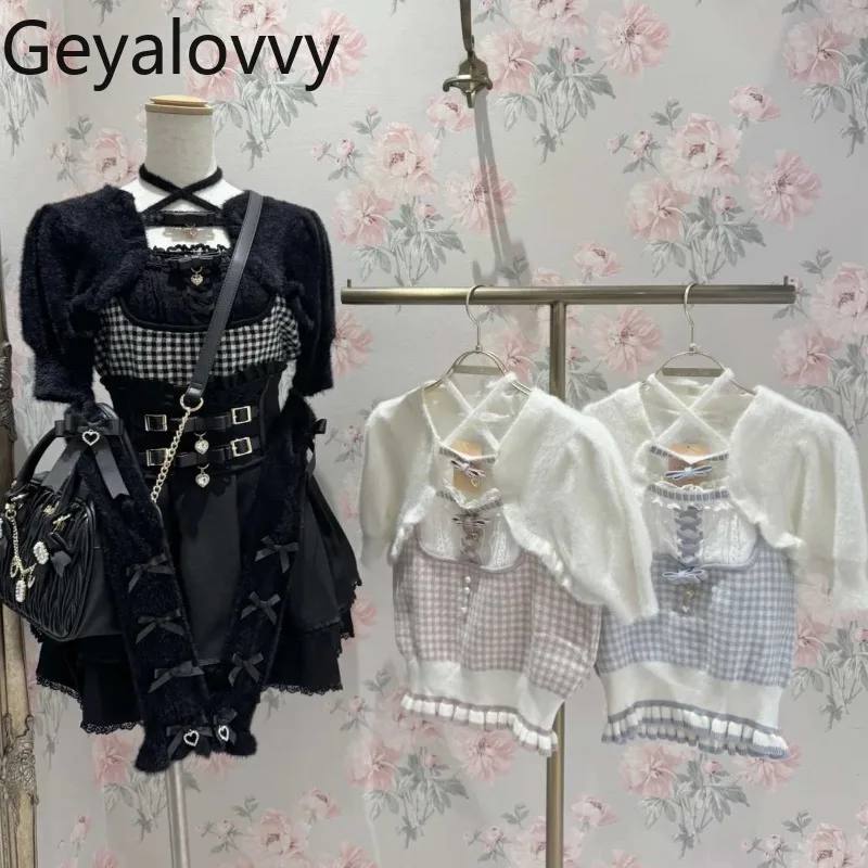 

Японский стиль, осень-зима, новый лоскутный вязаный свитер с бантом и пышными рукавами, милый милый универсальный облегающий топ для женщин