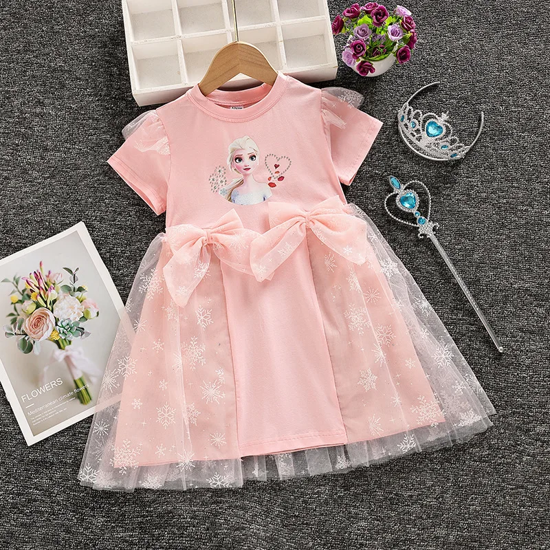 Verano Frozen moda niños Elsa princesa niñas vestido de dibujos animados arco de manga corta vestidos casuales niños lindo traje de fiesta