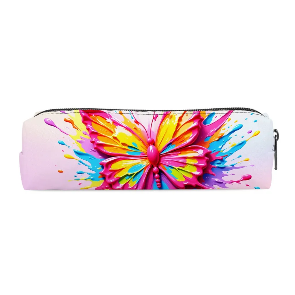 Large Capacity Pencil Bag Customizable Polyester Stationery Pouch Butterfly Print Pencil Case Large Cylinder Pencil Bag