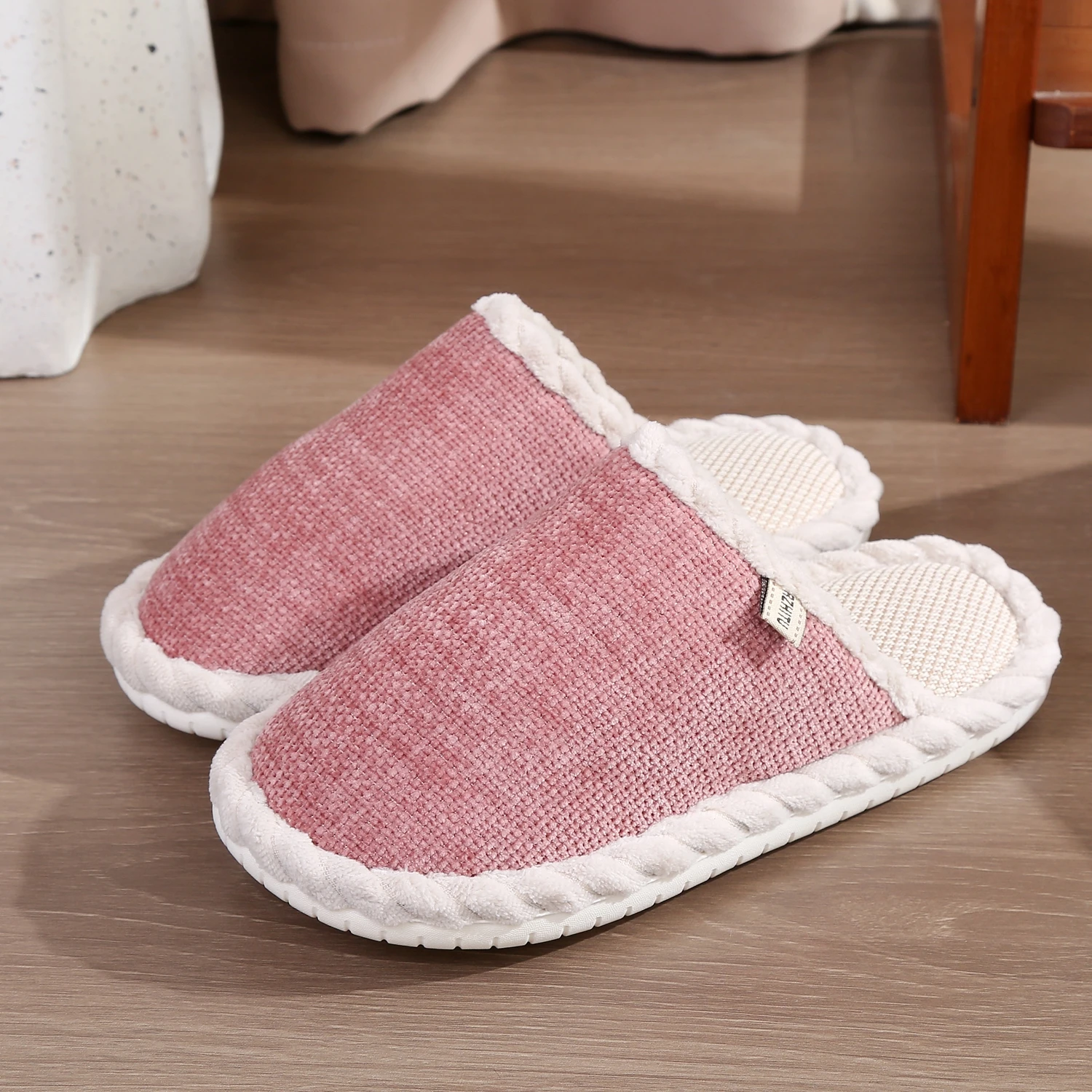 Indoor Home Casual Toe Wrap Slides Anti Slip Autumn Word Stripe Soft Shoes Winter Warm Short Plush Women's Cotton Slippers