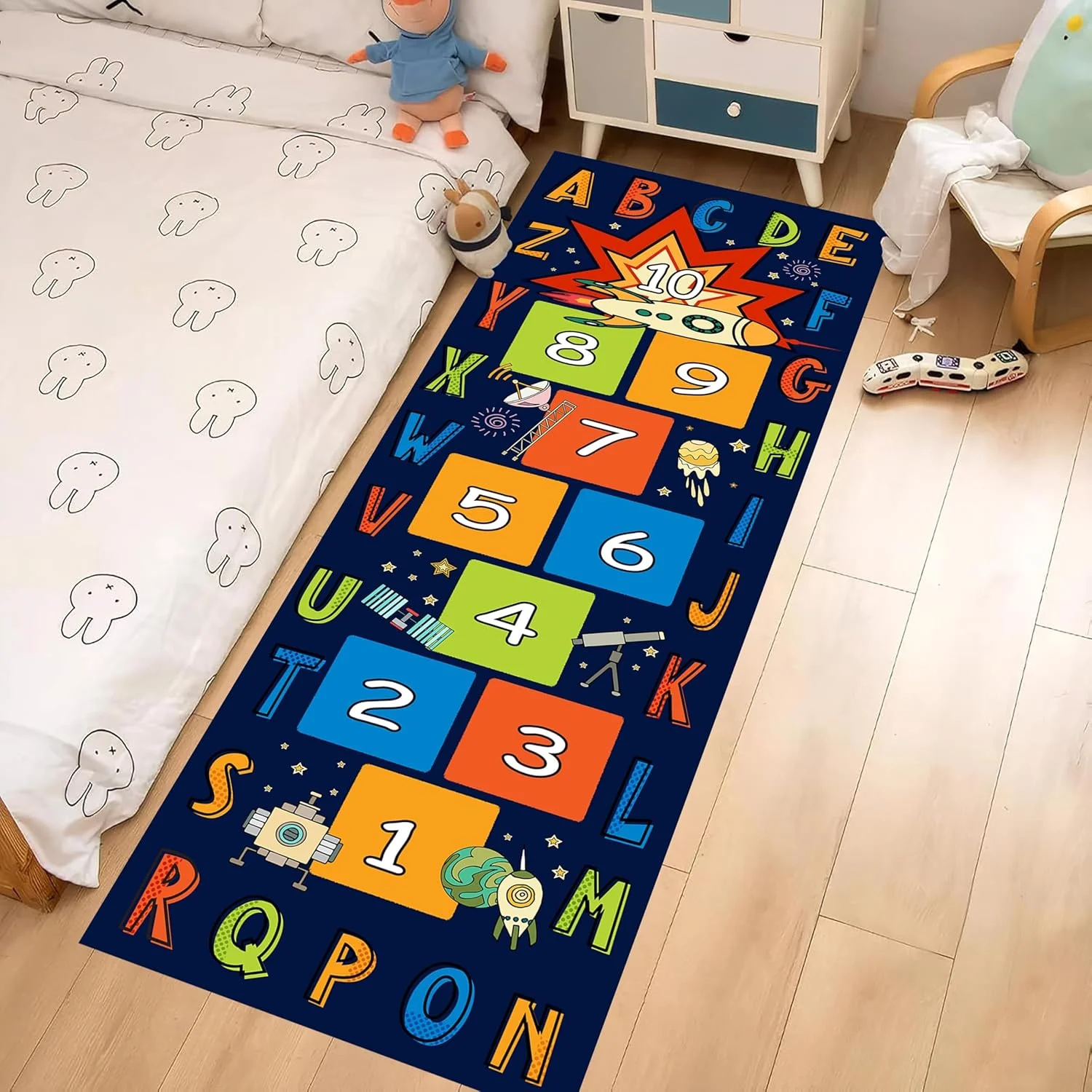 Alfombra de Juego Hopscotch Runner, Alfombra Educativa Divertida con Números Coloridos y Bordes Geométricos, Alfombra de Aprendizaje Antideslizante para Dormitorio o Sala de Juegos