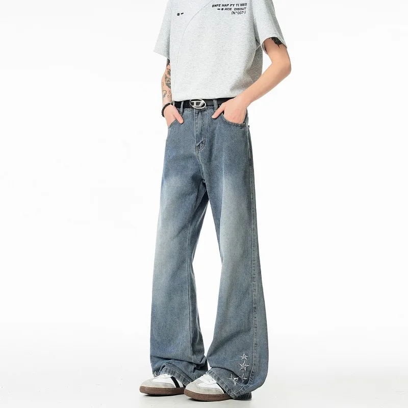 Men High Street Embroidered Flare Jeans Vintage Washed Slim Fit American Style Streetwear Casual Denim Pants