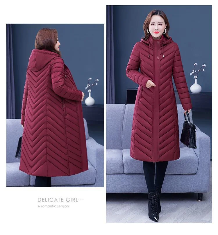 NEW Middle-aged Womens Down Cotton Coat Winter Long Warm Quilted Cotton Jacket Female Casual Hooded Parka Overcoat Purple 5XL