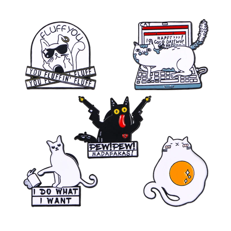 5Pcs/Set Funny Cat Collection Pins Creative Fluff You Pew Gun Kitty Enamel Brooches For Pet Lovers Gift