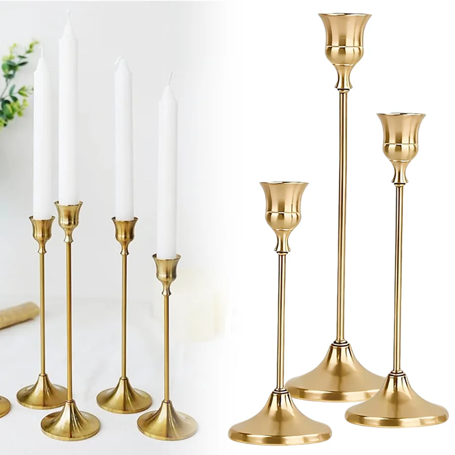 3/6pcs Brass Tone Metal Candle Holders, Tall Slender Candlestick Decor for Wedding Dinner, Party & Home Tabletop Decoration XJM
