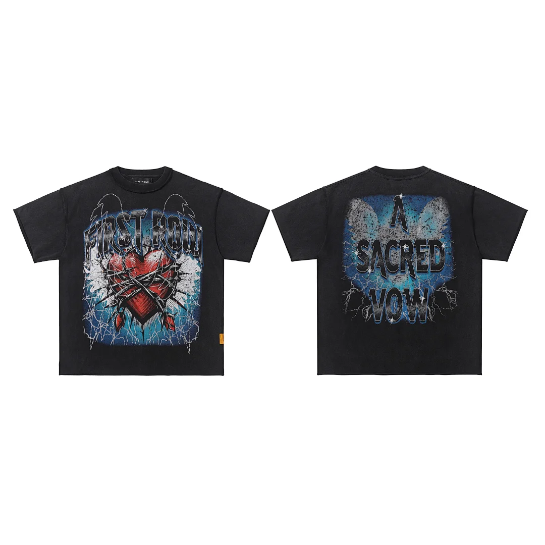 Oversized Black Gothic FIRST ROW T Shirt Rhinestone Lightning Barbed Wire Graphic Print Y2K Streetwear Cotton Short Sleeve Tops