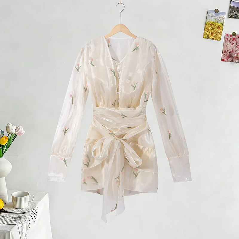2026 Spring Summer Floral Embroidered Chiffon Wrap Tie Waist Ruffle Mini Dress Sheer V-Neck Romantic Feminine Women Date Vestido