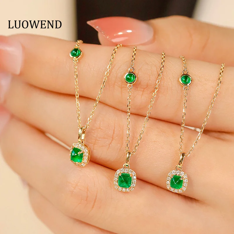 LUOWEND 100% 18K Yellow Gold Necklace Luxury Elegant Design Shiny Diamond Natural Emerald Necklace for Women High Birthday Gift