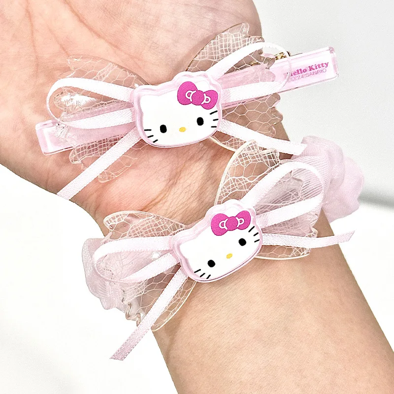 Kawaii Cinnamoroll Kuromi Hello Kitty Cartoon Lace Bow, acessórios para cabelo infantil, Anime Sanrio Hairpin, presente fofo para menina