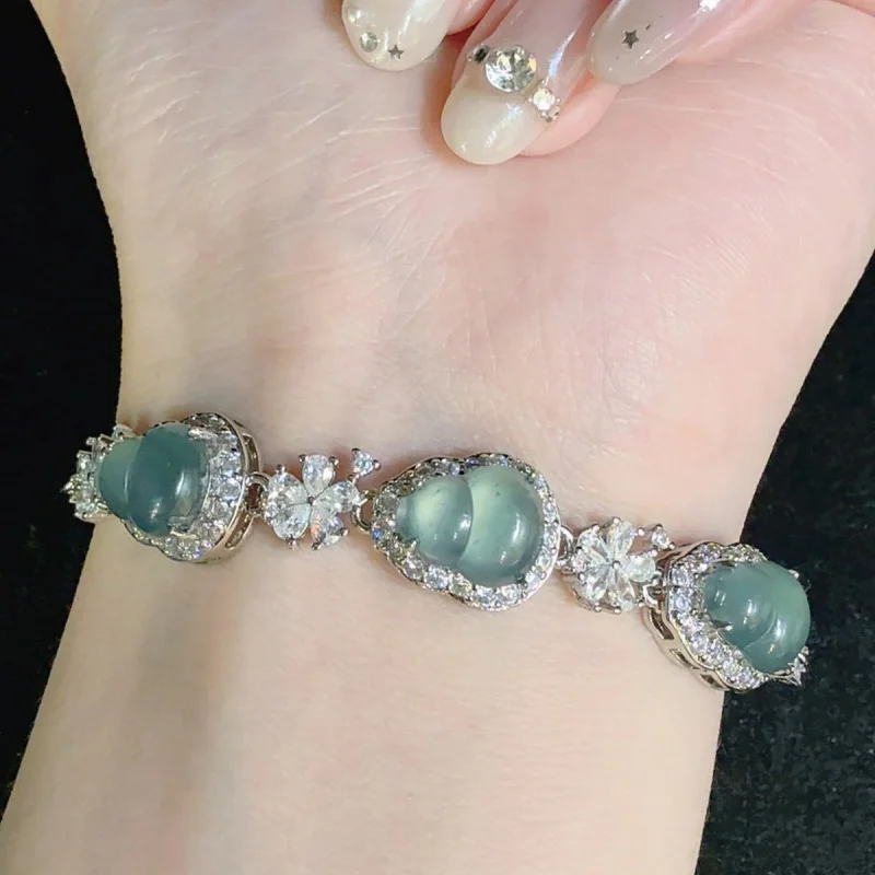

Natural Grade A Jadeite Blue Bracelet with Ice-Clear Egg-Shaped Beads, Light Luxury New Chinese Style Vintage Bracelet, Popular