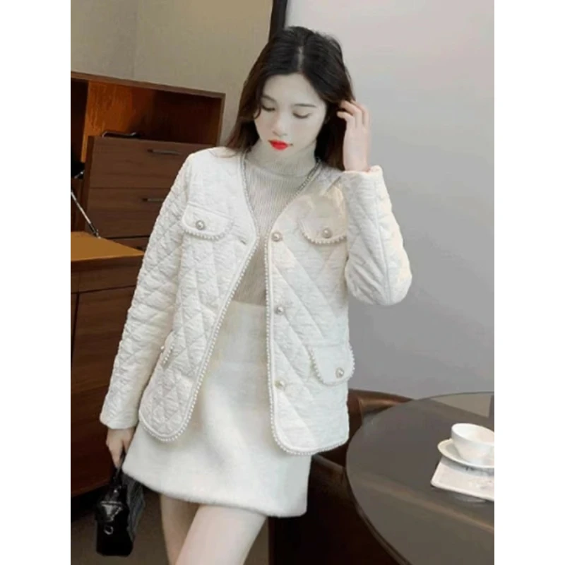 Korean Fashion New Coats Autumn Winter Women Solid V-Neck Thin Lingge Embroidered Flare Button Elegant Long Sleeve ParkasTops