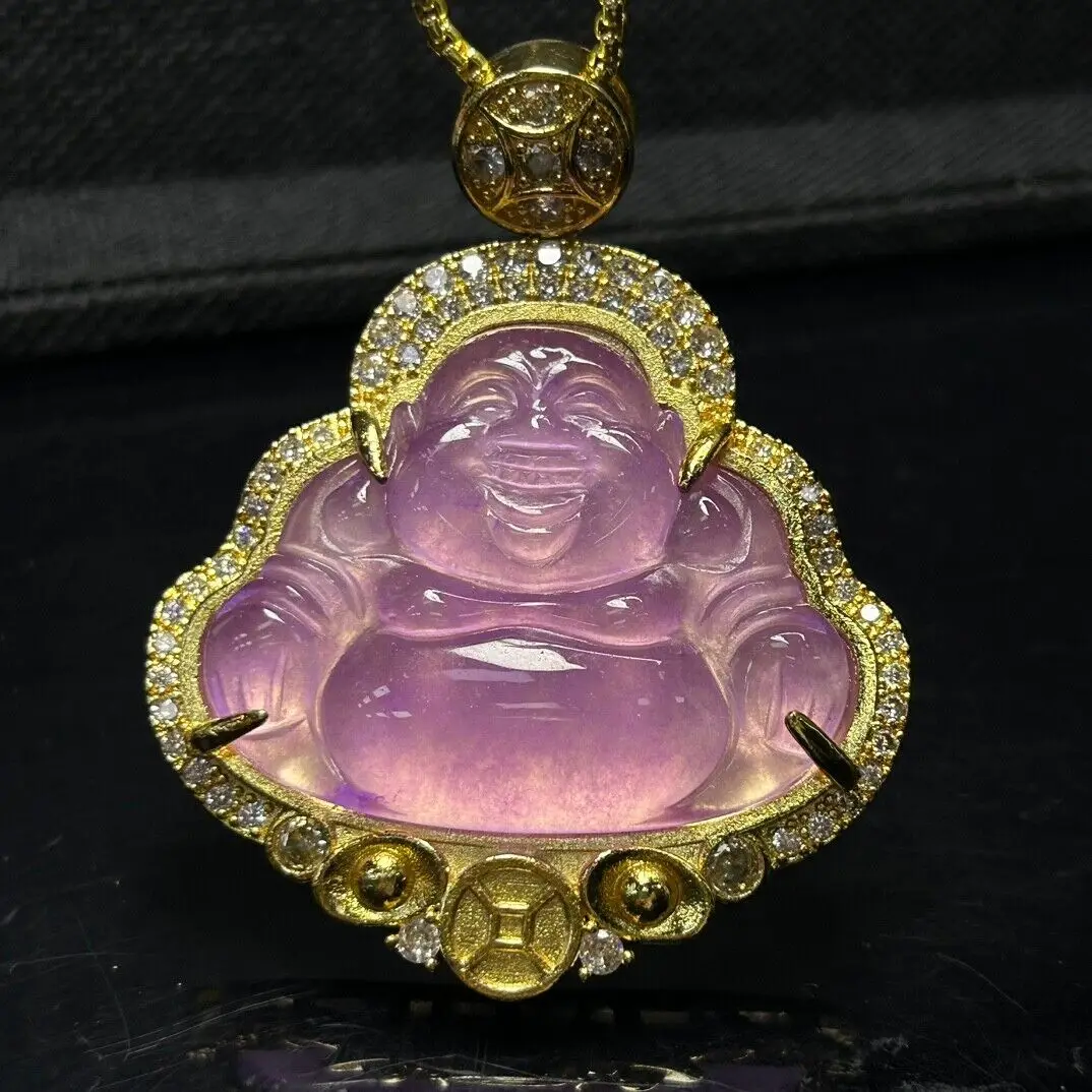 Certified Nature inlay Ice Lavender Jade Jadeite Carved Buddha Pendant&Necklaces