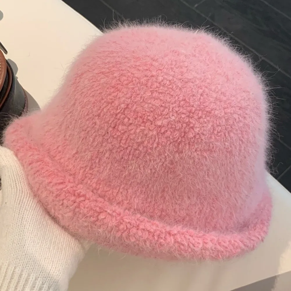 Rabbit Fur Blend Warm Winter Bucket Hat Polyester Face Slimming Fuzzy Fisherman Hat 54cm To 59cm Head Circumference