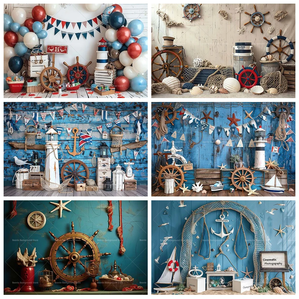 

Marine Lighthouse Sailboat Background Baby Shower Decoration Portrait Wood Board Rail Seaman Cake Smash Photography Backdrop