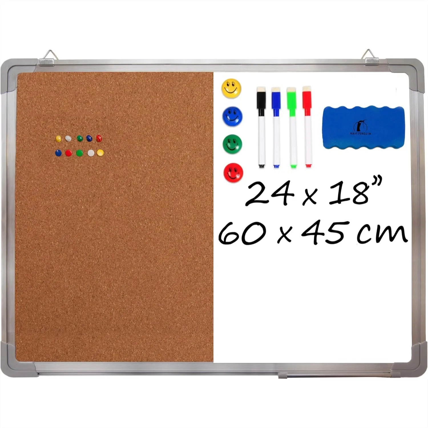 

Whiteboard Cork Board Combo Set 24x18 in with Markers Magnets Push Pins for Home Office