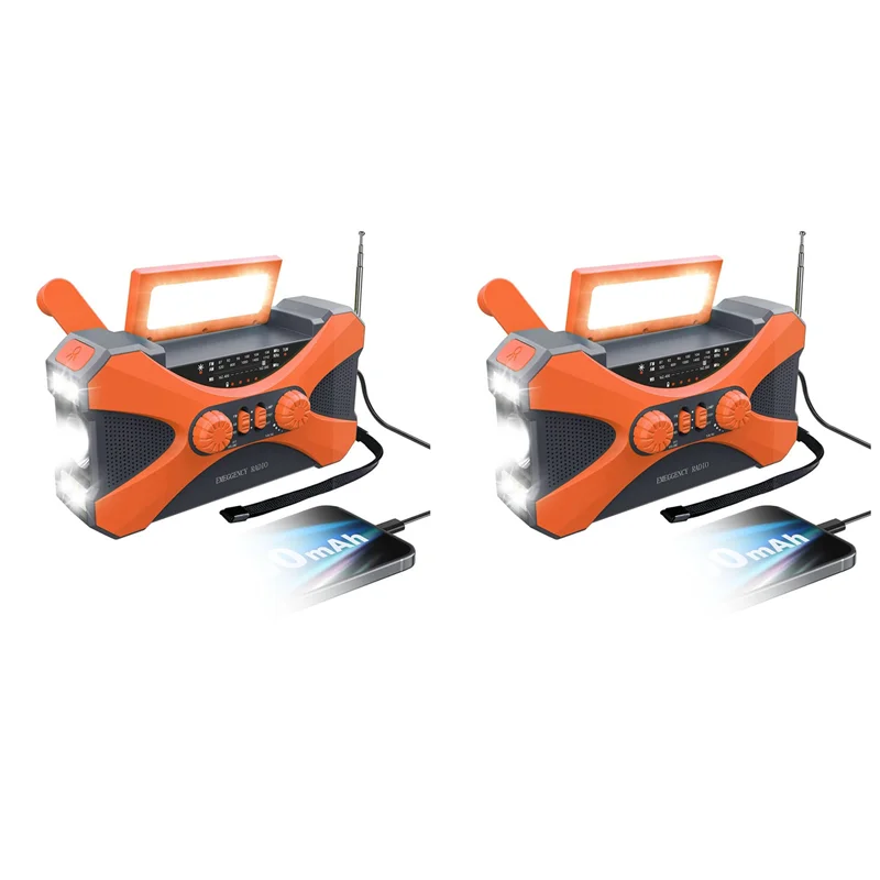 

CABE-2X 10000Mah Emergency Radio, Solar Hand Crank Radio, Portable Radio With Phone Charger, LED Flashlight Orange