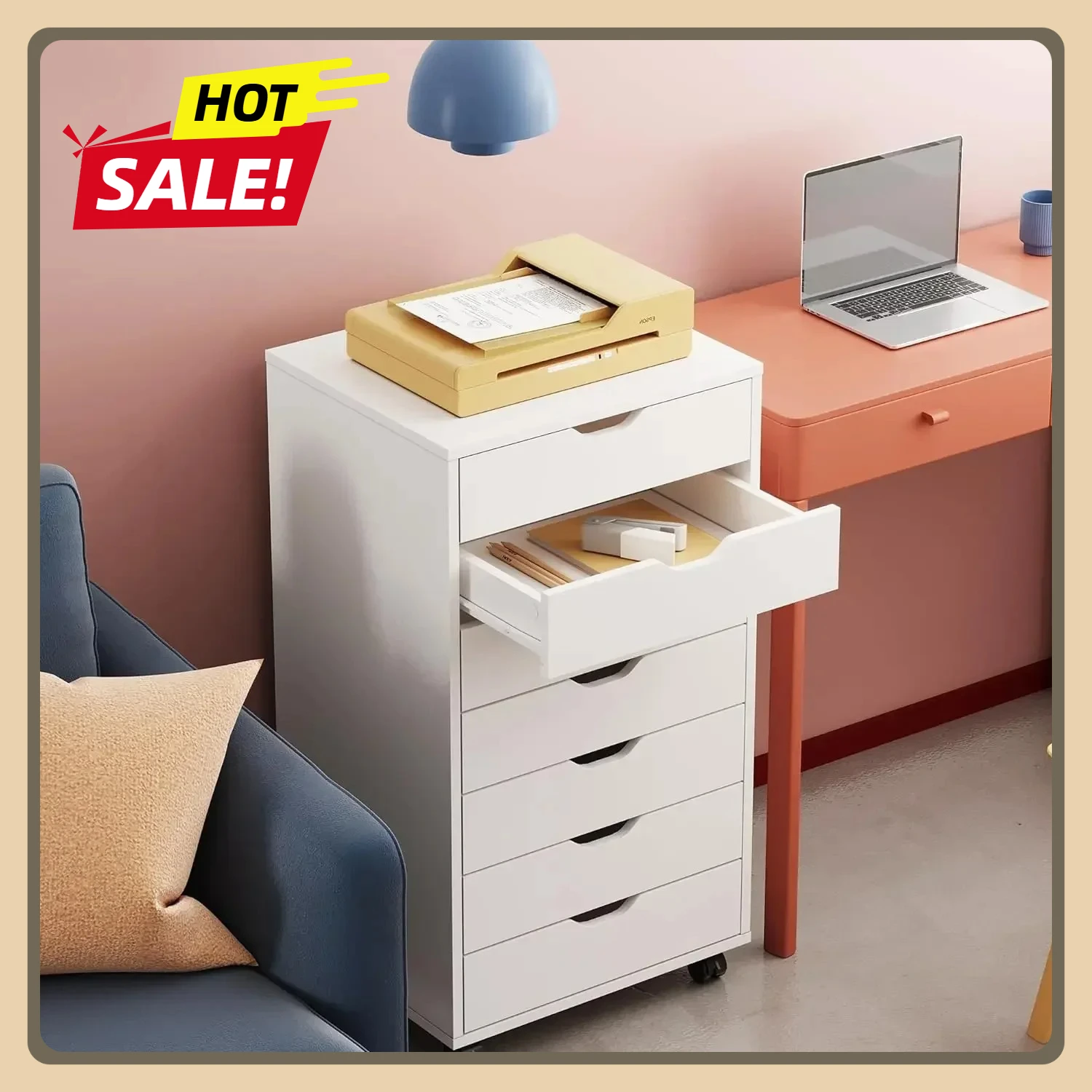 

7-Drawer Chest, Wood Storage Dresser, White File Cabinet with Wheels