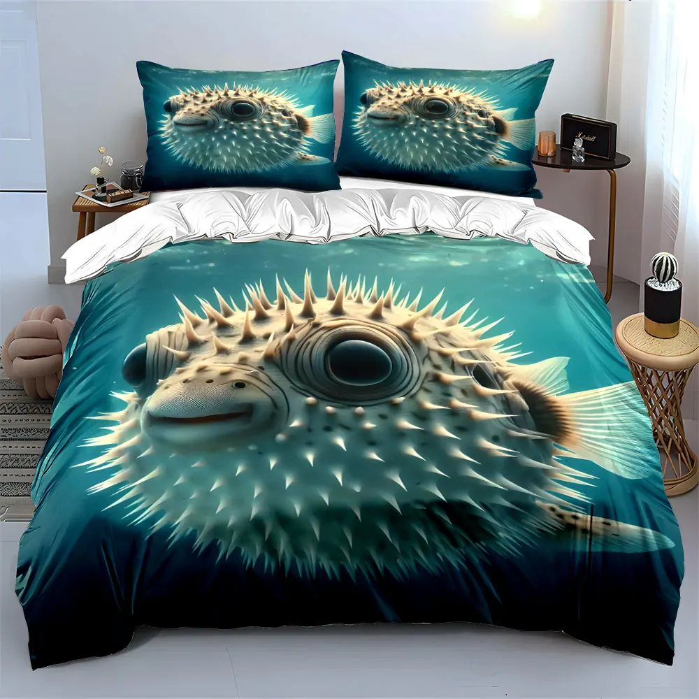 Spiky pufferfish in clear water Duvet Cover Set with 3D Printing Design Soft Polyester Bedding Set All-Season Comfort 3