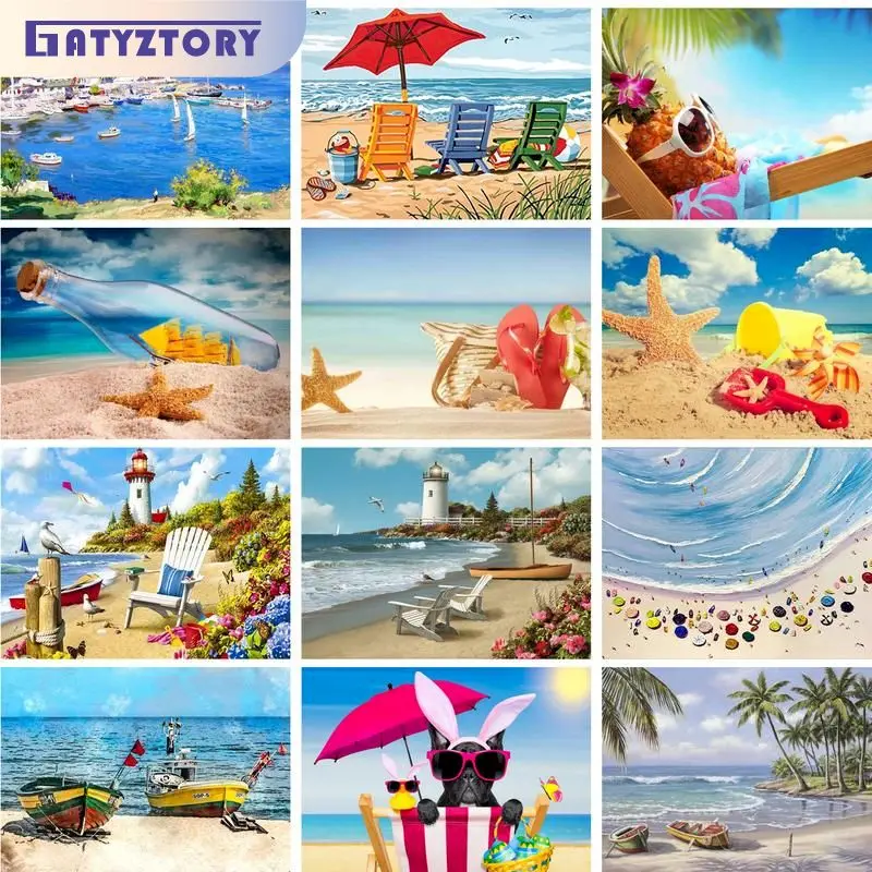 

GATYZTORY Oil Painting By Numbers On Canvas Acrylic Paint Coloring On Numbers Beach Scene Handpainted Wall Decor Gift For Adults