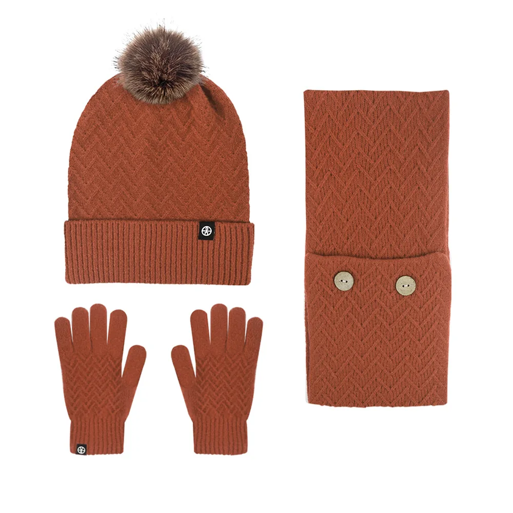 Europeo y americano invierno viajes al aire libre cálido y resistente al frío bola de lana sombrero tejido bufanda guantes conjunto de tres piezas bufandas
