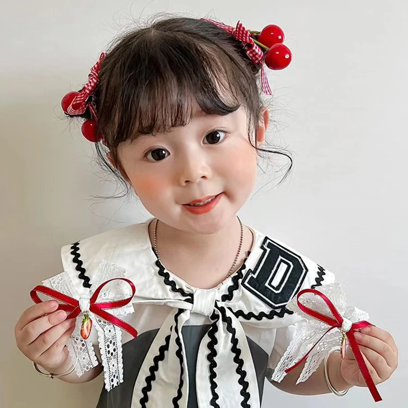 Red Cherry Cloth Bow Girls Hair Clip Plaid Lace Bow Ribbon Strawberry Cherry Hairpin Kawaii Side Bangs Clip Barrettes Headwear