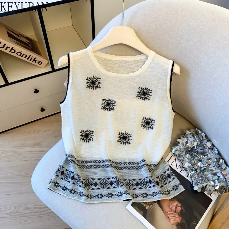 

2025 Summer Sleeveless Slim Knit Vests Women Crop Tops O-neck Vintage Embroidery Knitwear Pullover Elegant Vintage Stylish Tanks