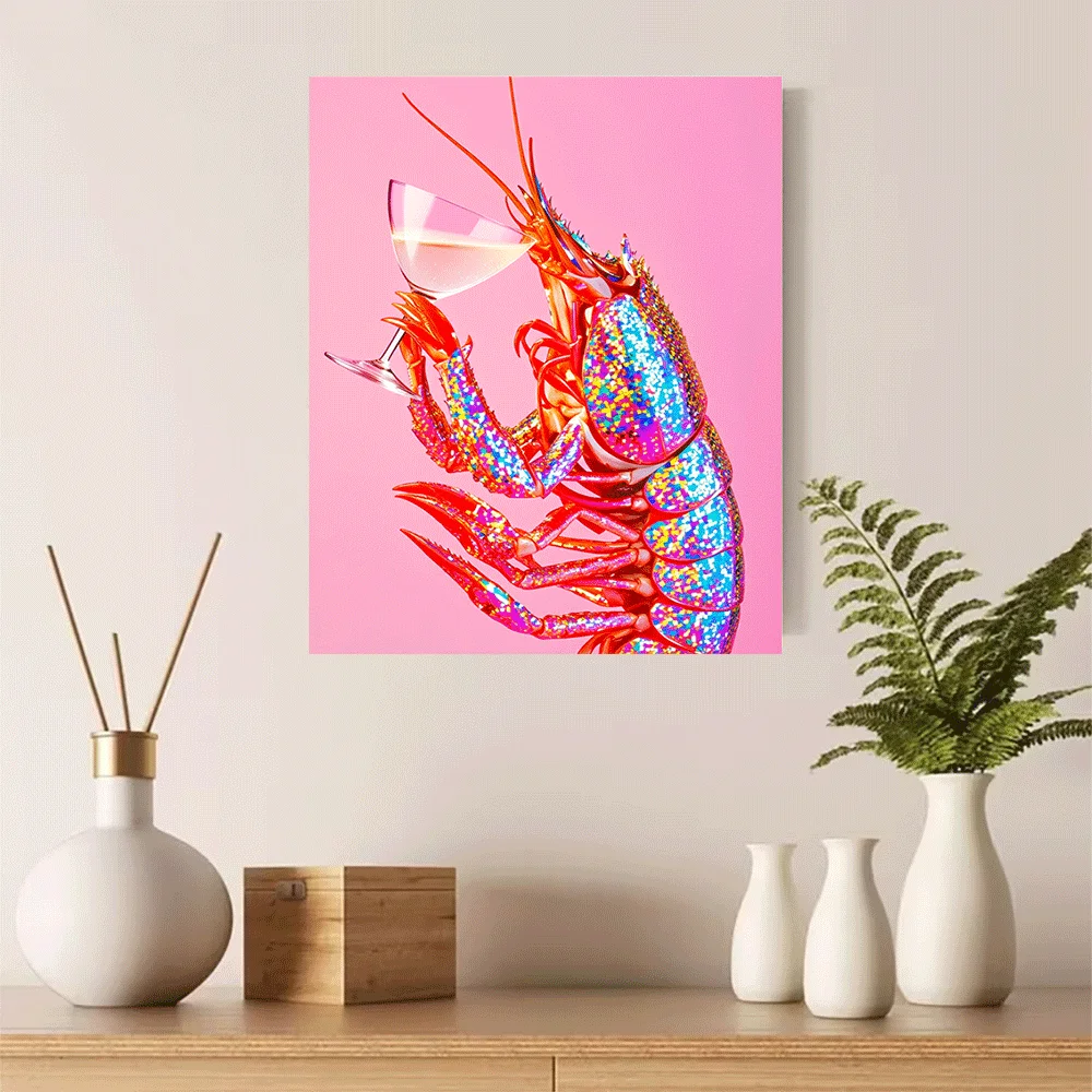 1PC-Canvas poster Unframed  Colorful Lobster Holding Cocktail Glass Pink Background Art Print  summer