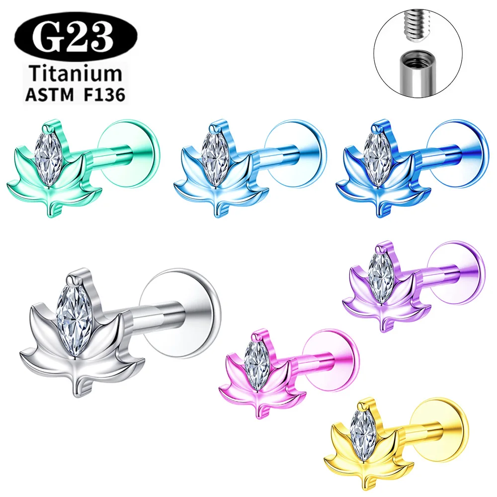 ASTM F136 Titanium Internal Thread Nose Piercing Ear Lips Anodizing earring leaves CZ Cartilage Helix Tragus