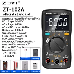 ZOYI ZT102/102A dijital multimetre 6000 sayımları elektrik sayacı transistör test cihazı otomatik çaldı AC/DC voltaj proses kalibratörü