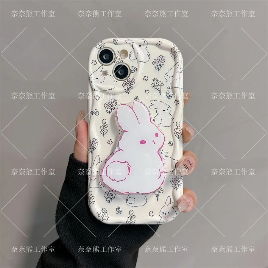 Funda de teléfono con soporte de onda 3D de conejo Floral para Samsung Galaxy S24, S23, S21, S20 FE Plus, Ultra 4G, 5G, cubierta trasera suave