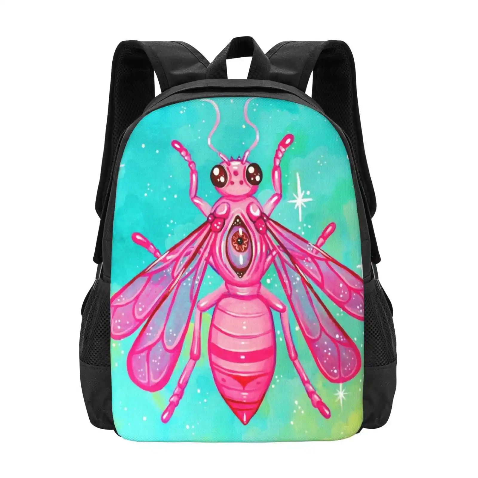 Pink Bee - Acrylic Painting Hot Sale Schoolbag Backpack Fashion Bags Bee Bugs Insects Wings Entomology Colorful Pink Blue Green