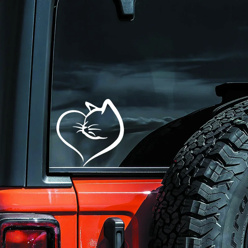 Waterproof Cat & Heart Car Sticker - Durable PVC, Nighttime Safety Exterior Auto Decor