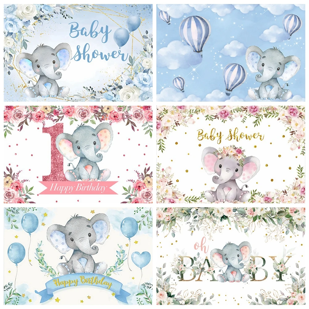 Elephant Backdrop for Girl Boy Baptism Baby 1st Birthday Party Photography Background Cake Smash Table Decor Banner Photo Studio