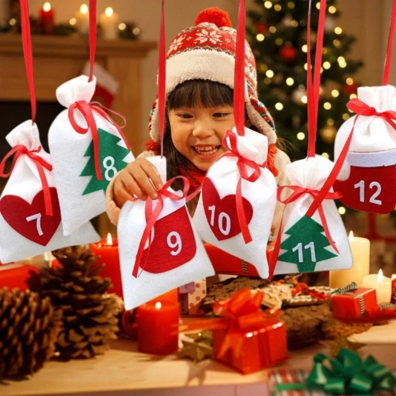 Christmas Advent Calendar Gift Bags 1-24 Number Drawstring Pouch Xmas Countdown Hanging Bag for Candy Treat Gift Home Wall Decor