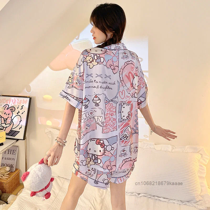 Sanrio Hello Kitty Women\'s Summer Cool Silk Pajamas Japanese Style Chest Pads Sleepwear Set Cute Cartoon Print Home Clothes Suit