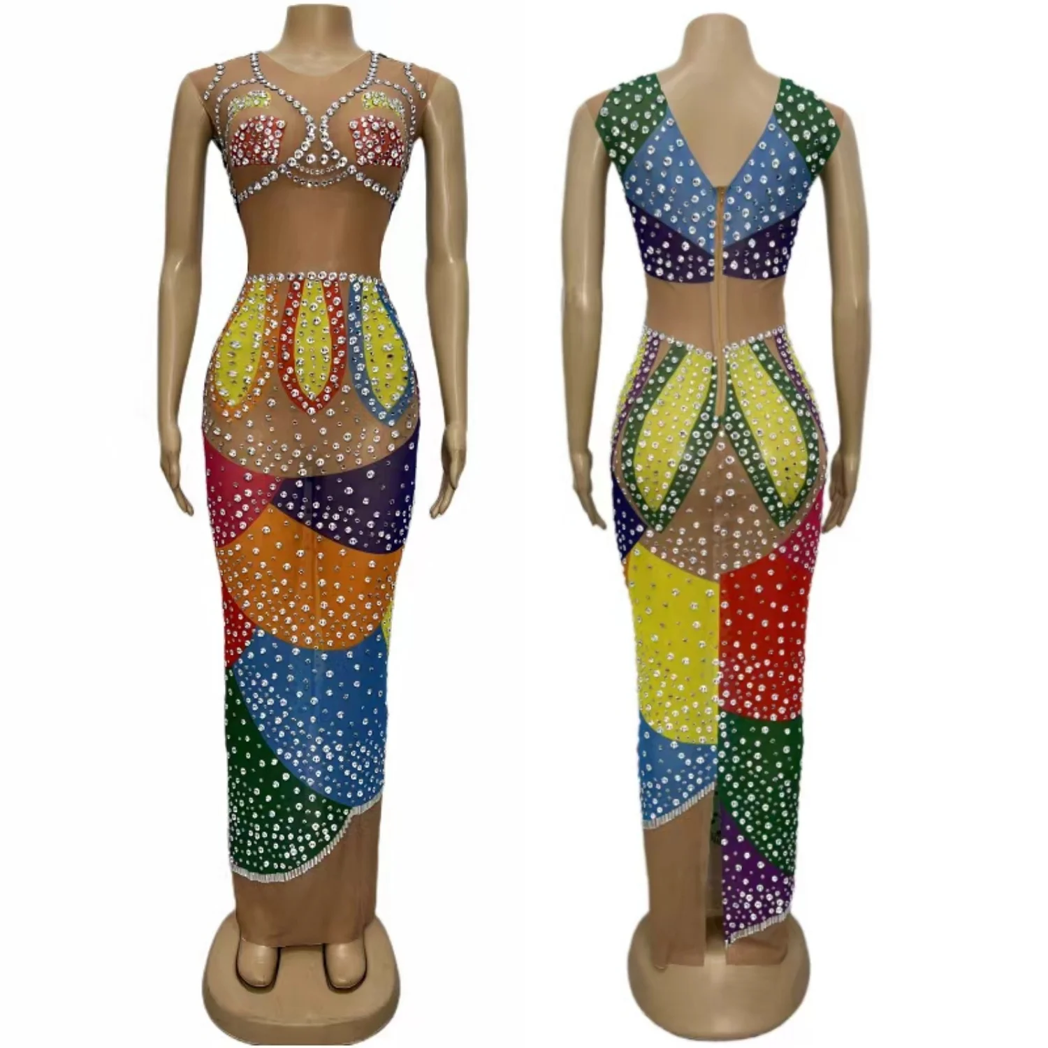 

Colorful Women Elegant Couture Sparkly Rhinestone Mesh Evening Gown Birthday Celebrate Party High-end Sexy Outfit Wucaibinfen