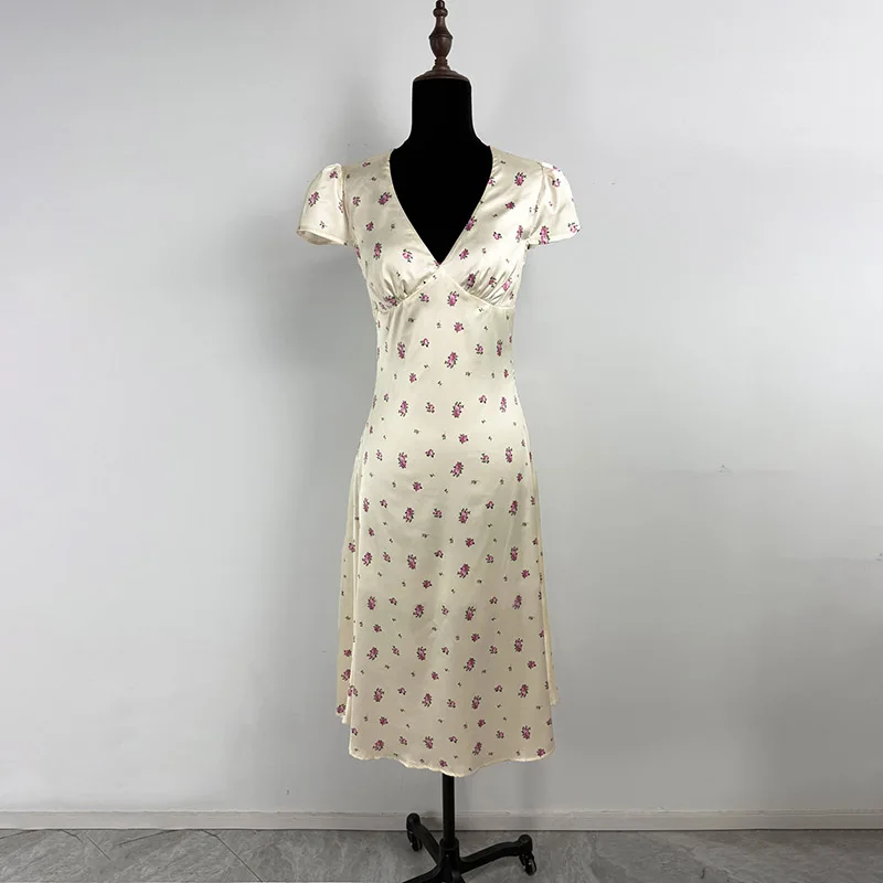 Tornova Satin Printed Long Dress Women's New Short Sleeve V neck Dress Casual Elegant Commuting Outfits High Waist Flower Dress