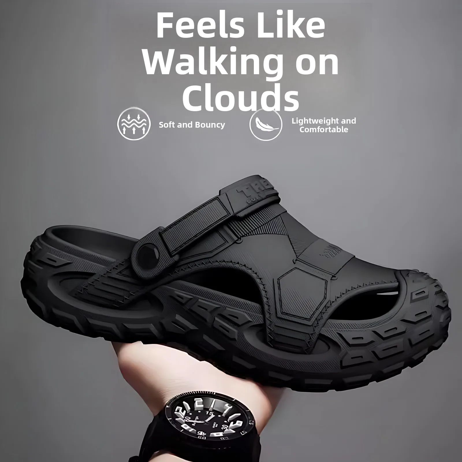 Black Thick Bottom Hole Hole Shoes Men's 2026 New Step Sensation Head Cover Sandals Beach Shoes Large Size 4647 Breathable Ho...