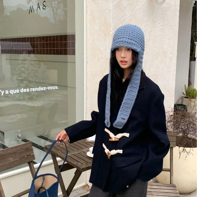 

Женские шапки-бомберы в корейском стиле, модные осенне-зимние универсальные повседневные теплые вязаные шапочки с защитой ушей