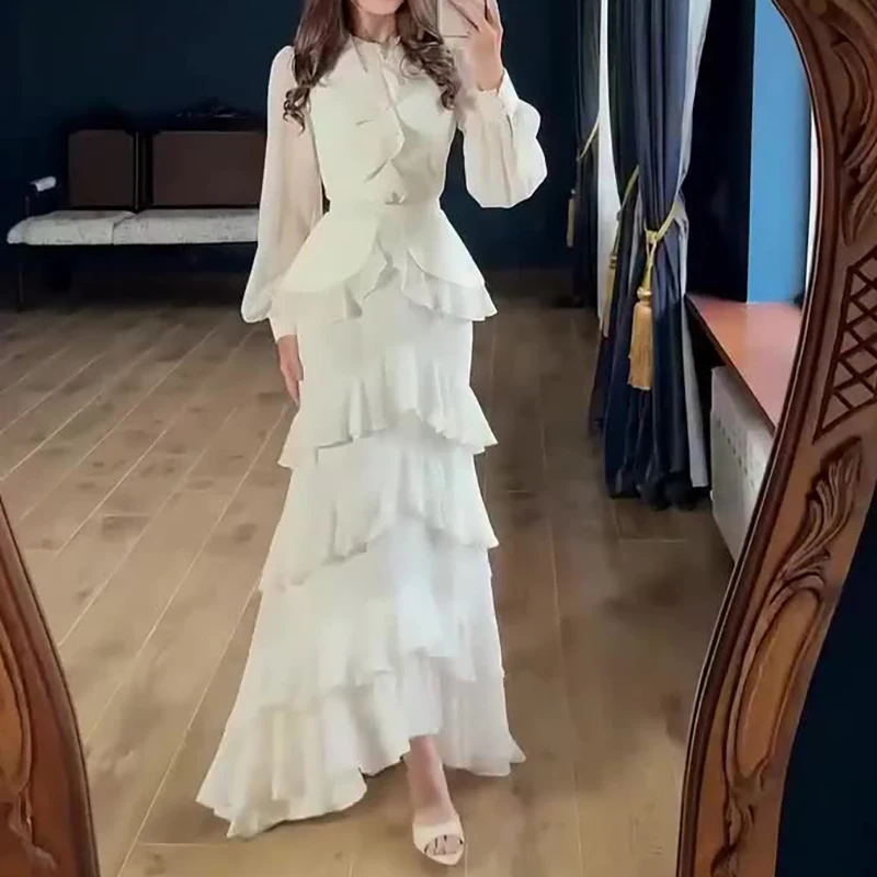 Dames casual lange mouw effen kleur feestjurk mode gedrapeerde ruches slanke lange jurk elegante o-hals hoge taille herfstjurk